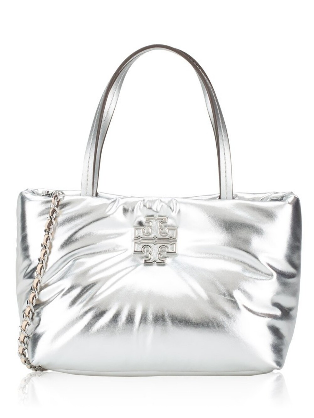 Tory Burch Britten Metallic Puffy Mini Tote Silver Crossbody New
